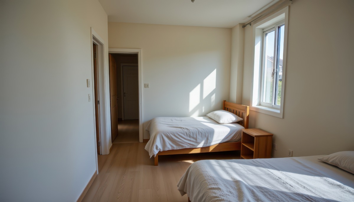 a tidy room with light wood flooring, neutral bedding, small wooden nightstand, and soft natural sunlight